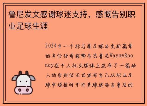 鲁尼发文感谢球迷支持，感慨告别职业足球生涯